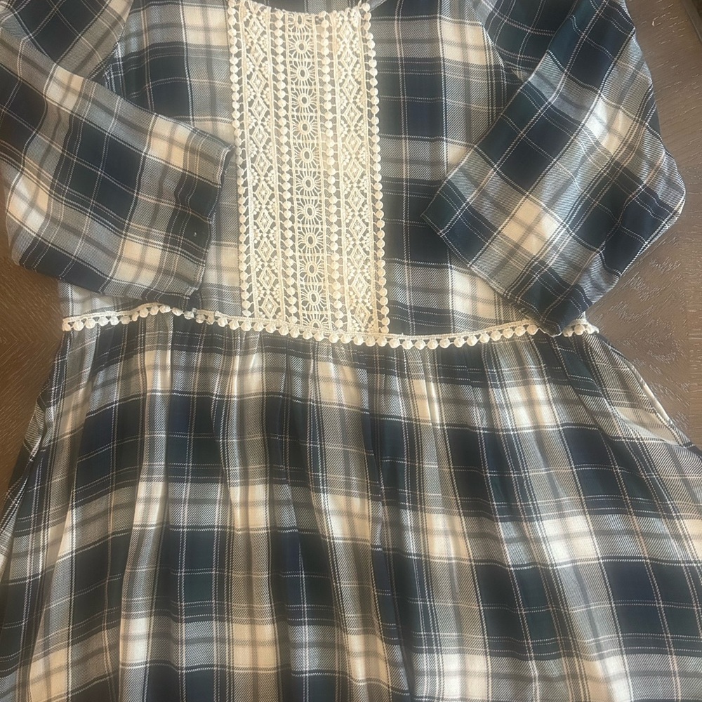 indigo soul Navy and Cream Plaid Top with Crochet Front